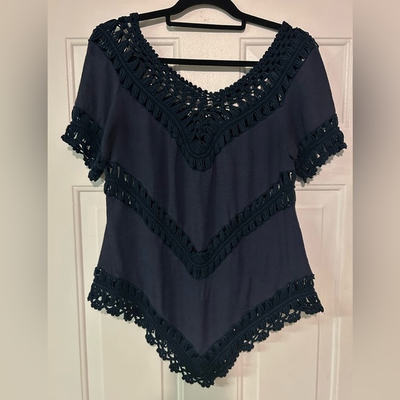 JODIFL Crochet Lace Blue Boho Tunic Top‎ Cover Up Kimono Women’s Small - Picture 2 of 10